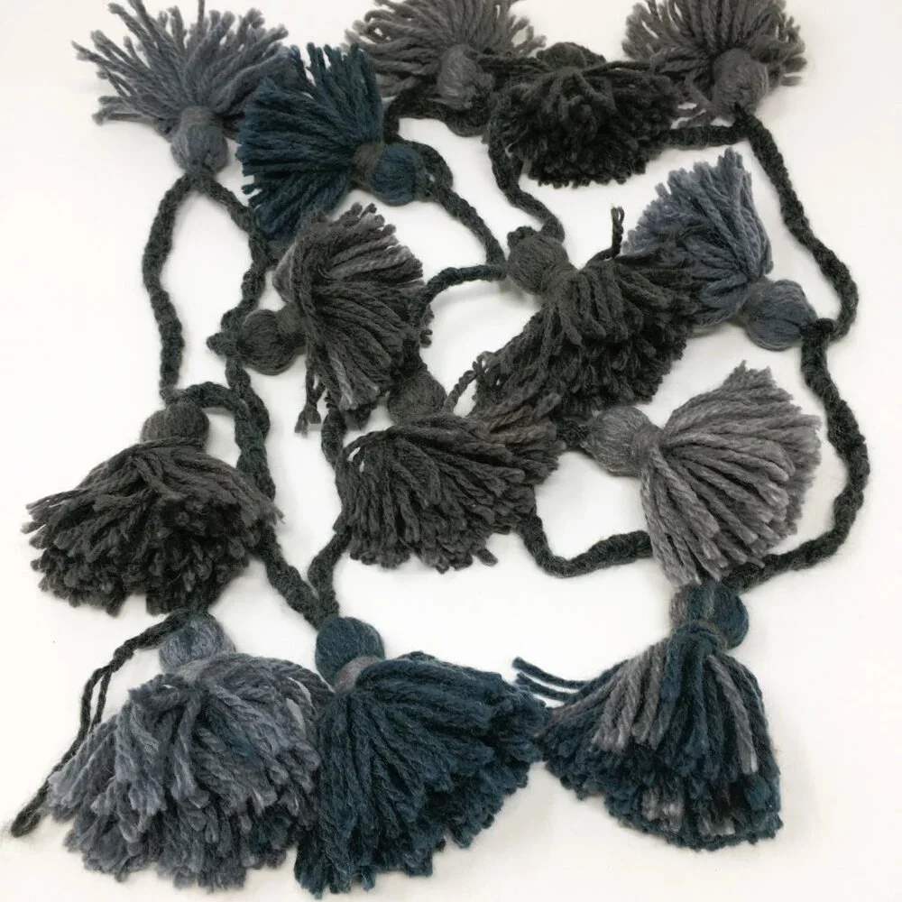 Handmade Grey Steel Blue Wool Tassel Crocheted Cord Folk Art Garland
